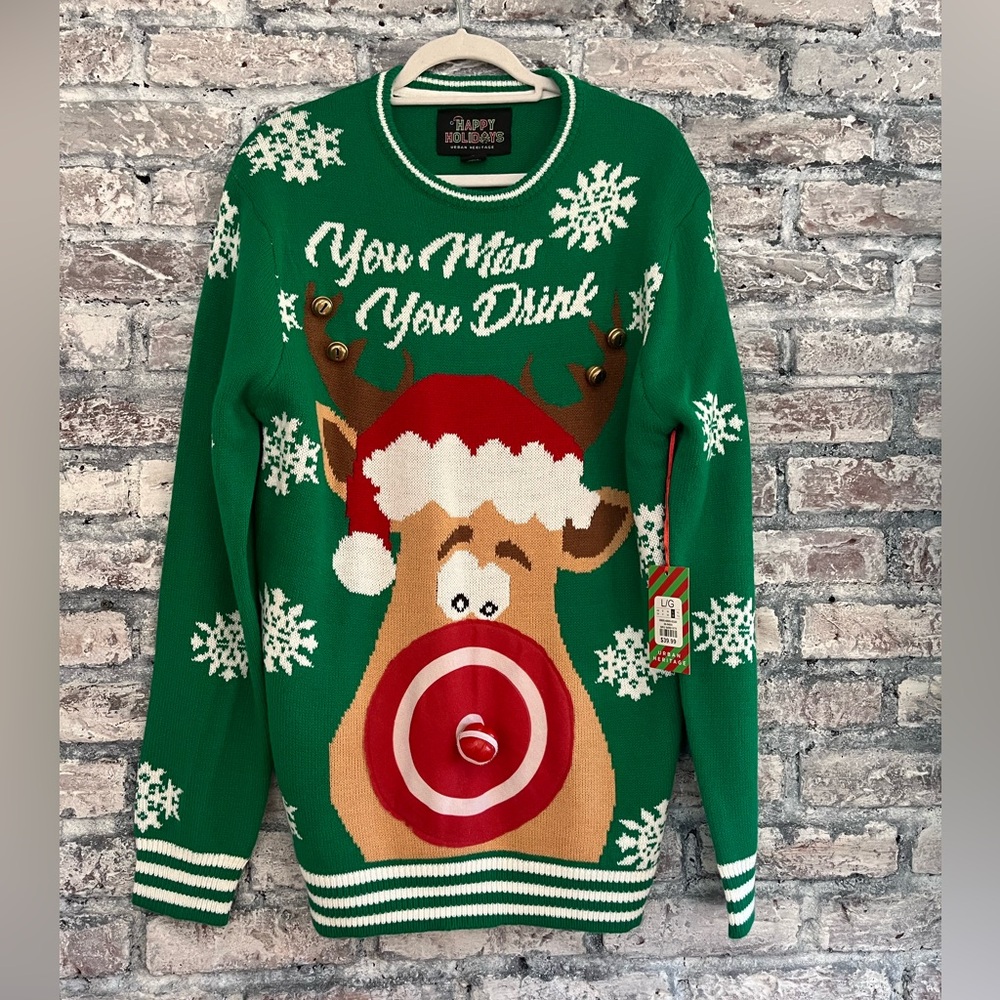 Urban Heritage Festive Green Sweater” You Miss You Drink” Velcro ball to throw😂😎